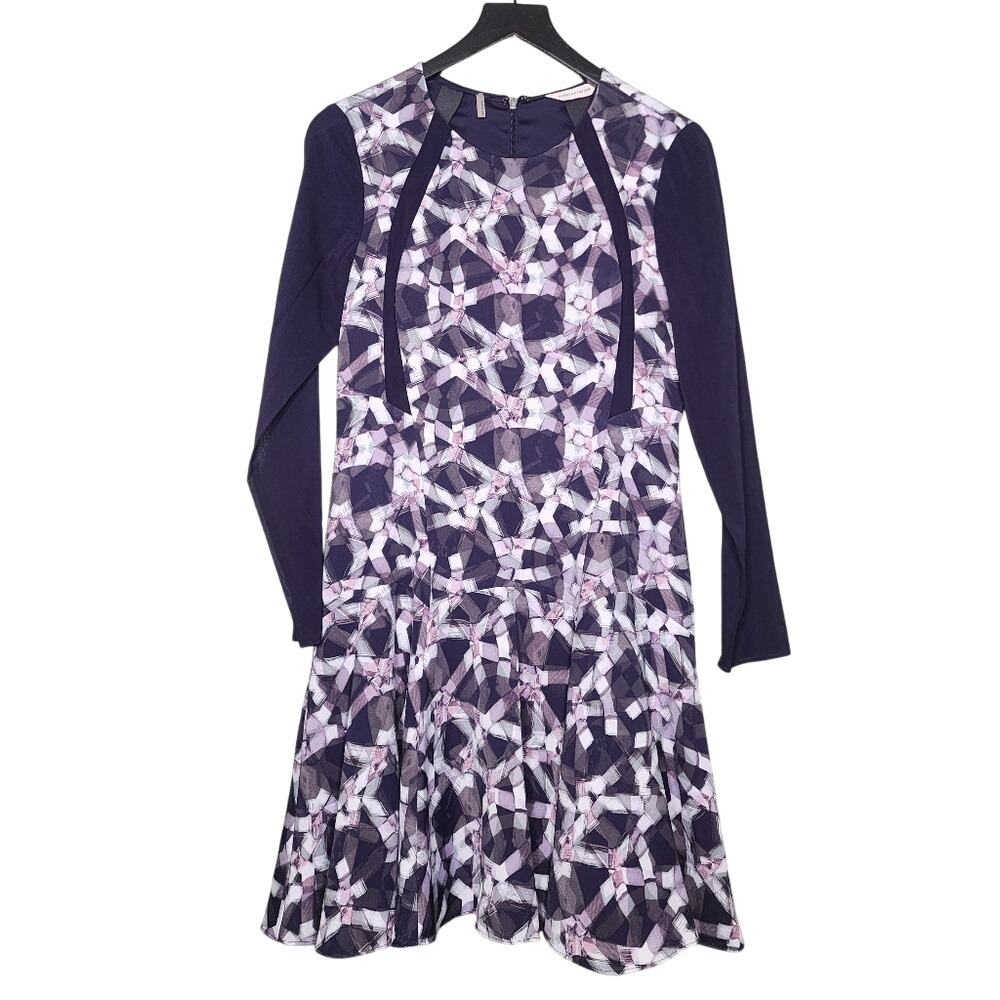 Rebecca Taylor Dress Purple Navy Geometric Pattern Long Sleeve 4‎
